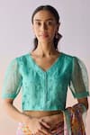 Buy_Surmaye_Blue Organza, Silk Embroidery, Beads V-neck Starbloom Coral Blouse _at_Aza_Fashions