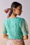 Shop_Surmaye_Blue Organza, Silk Embroidery, Beads V-neck Starbloom Coral Blouse _at_Aza_Fashions