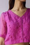Surmaye_Pink Organza, Silk Embroidery, Beads V-neck Starbloom Bright Blouse _Online_at_Aza_Fashions