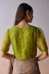 Shop_Surmaye_Green Silk Organza Embroidery, Beads, Cut Work V-neck Starbloom Leaf Blouse _at_Aza_Fashions