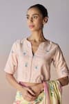 Buy_Surmaye_Pink Silk Beads, Embroidery Split V-neck Soul Flower Blouse _at_Aza_Fashions
