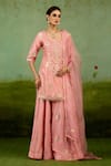 Buy_Shyam Narayan Prasad_Coral Brocade, Organza Embroidery, Gota Patti, Beads Pink Kurta Sharara Set _at_Aza_Fashions