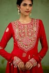 Shyam Narayan Prasad_Red Brocade, Organza Embroidery, Foil Printing, Zari Round Neck Anarkali Set _Online_at_Aza_Fashions