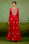 Buy_Shyam Narayan Prasad_Red Brocade, Organza Embroidery, Foil Printing, Zari Round Neck Anarkali Set _Online_at_Aza_Fashions