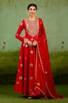 Buy_Shyam Narayan Prasad_Red Brocade, Organza Embroidery, Foil Printing, Zari Round Neck Anarkali Set _at_Aza_Fashions