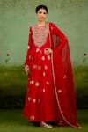 Shop_Shyam Narayan Prasad_Red Brocade, Organza Embroidery, Foil Printing, Zari Round Neck Anarkali Set _Online_at_Aza_Fashions