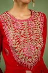 Shop_Shyam Narayan Prasad_Red Brocade, Organza Embroidery, Foil Printing, Zari Round Neck Anarkali Set 