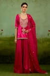 Buy_Shyam Narayan Prasad_Magenta Silk, Organza Embroidery, Zari, Beads Round Neck Pink Kurta Sharara Set _at_Aza_Fashions