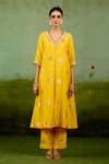 Shop_Shyam Narayan Prasad_Yellow Silk, Brocade, Organza Embroidery V-neck Vibrant Kurta Set _Online_at_Aza_Fashions