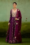 Buy_Shyam Narayan Prasad_Wine Georgette, Silk, Brocade, Organza Embroidery, Stones, Purple Anarkali Set _at_Aza_Fashions