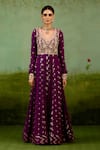 Shop_Shyam Narayan Prasad_Wine Georgette, Silk, Brocade, Organza Embroidery, Stones, Purple Anarkali Set _Online_at_Aza_Fashions