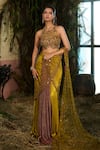 Shashank Arya_Green Crinkle, Satin, Knit, Net Sequins, Pre-draped Concept Saree With Blouse _at_Aza_Fashions