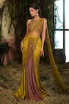 Shop_Shashank Arya_Green Crinkle, Satin, Knit, Net Sequins, Pre-draped Concept Saree With Blouse 