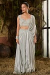 Shashank Arya_Blue Georgette, Tulle Sequins, Crystals Pre-draped Saree With Embroidered Blouse _Online_at_Aza_Fashions