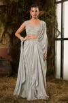 Buy_Shashank Arya_Blue Georgette, Tulle Sequins, Crystals Pre-draped Saree With Embroidered Blouse _at_Aza_Fashions