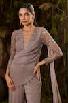 Buy_Shashank Arya_Gray Knit, Tulle Sequins, Crystals V-neck Pleated Jumpsuit _Online_at_Aza_Fashions