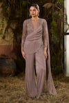 Buy_Shashank Arya_Gray Knit, Tulle Sequins, Crystals V-neck Pleated Jumpsuit _at_Aza_Fashions