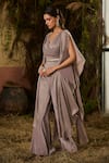 Shashank Arya_Gray Georgette, Crepe Crystals, Pearls V-neck Draped Foiled Top And Pant Set _Online_at_Aza_Fashions