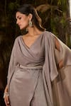 Buy_Shashank Arya_Gray Georgette, Crepe Crystals, Pearls V-neck Draped Foiled Top And Pant Set _Online_at_Aza_Fashions