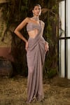 Buy_Shashank Arya_Gray Knit Sequins, Crystals Metallic Pleated Pre-draped Saree With Blouse _Online_at_Aza_Fashions