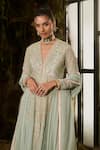Buy_Shashank Arya_Mint Georgette, Silk, Crepe Embroidery, Sequins, Piping V-neck Anarkali Set _Online_at_Aza_Fashions