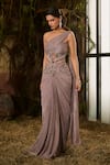 Shop_Shashank Arya_Gray Tulle, Knit Crystals One Shoulder Metallic Pleated Saree Gown _Online_at_Aza_Fashions