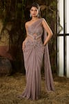 Buy_Shashank Arya_Gray Tulle, Knit Crystals One Shoulder Metallic Pleated Saree Gown _at_Aza_Fashions