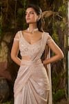 Shashank Arya_Peach Georgette, Dupion Sequins, Crystals, Metallic Pre-draped Saree With Blouse _Online_at_Aza_Fashions