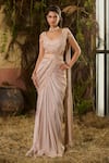 Buy_Shashank Arya_Peach Georgette, Dupion Sequins, Crystals, Metallic Pre-draped Saree With Blouse _at_Aza_Fashions