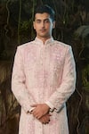 Shashank Arya_Peach Dupion, Rayon, Jacquard, Silk, Cotton Embroidery, Gota Patti, Sherwani Set _Online_at_Aza_Fashions