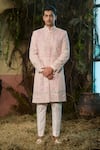 Buy_Shashank Arya_Peach Dupion, Rayon, Jacquard, Silk, Cotton Embroidery, Gota Patti, Sherwani Set _at_Aza_Fashions