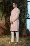 Shop_Shashank Arya_Peach Dupion, Rayon, Jacquard, Silk, Cotton Embroidery, Gota Patti, Sherwani Set _Online_at_Aza_Fashions