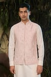 Shashank Arya_Peach Dupion, Rayon, Jacquard, Silk, Cotton Embroidered Nehru Jacket And Kurta Set _Online_at_Aza_Fashions