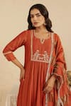 Gulabik Jaipur_Orange Chanderi, Cotton, Tissue Embroidery, Lace Rust Hand Embroidred Kurta Set _at_Aza_Fashions