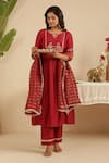 Shop_Gulabik Jaipur_Maroon Cotton, Chanderi Embroidery, Lace, Zari Split Hand Embroidred Kurta Set _Online_at_Aza_Fashions