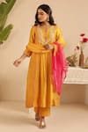 Gulabik Jaipur_Yellow Cotton, Organza Embroidery Split V-neck Deep Gold Kurta Set _Online_at_Aza_Fashions