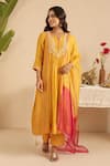 Buy_Gulabik Jaipur_Yellow Cotton, Organza Embroidery Split V-neck Deep Gold Kurta Set _at_Aza_Fashions