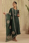 Buy_Gulabik Jaipur_Green Chanderi, Organza Embroidery, Sequins Round Neck, Split Bottle Kurta Set 