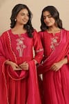 Shop_Gulabik Jaipur_Pink Chanderi Embroidery, Piping Round Neck Rani Cutdana Kurta Set _Online_at_Aza_Fashions