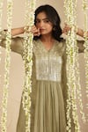 Shop_Gulabik Jaipur_Green Chanderi, Cotton Sequins, Embroidery V-neck Moss Kurta And Pant Set _Online_at_Aza_Fashions