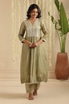 Buy_Gulabik Jaipur_Green Chanderi, Cotton Sequins, Embroidery V-neck Moss Kurta And Pant Set _at_Aza_Fashions