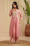Buy_Gulabik Jaipur_Pink Chanderi, Cotton Sequins, Embroidery V-neck Dusty Kurta And Pant Set _Online_at_Aza_Fashions