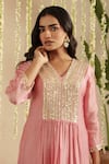 Shop_Gulabik Jaipur_Pink Chanderi, Cotton Sequins, Embroidery V-neck Dusty Kurta And Pant Set _Online_at_Aza_Fashions