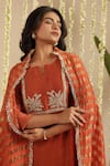 Buy_Gulabik Jaipur_Orange Chanderi, Cotton Embroidery, Sequins, Lace Split V-neck Anarkali Set _Online_at_Aza_Fashions