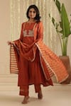 Gulabik Jaipur_Orange Chanderi, Cotton Embroidery, Sequins, Lace Split V-neck Anarkali Set _at_Aza_Fashions