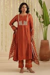 Shop_Gulabik Jaipur_Orange Chanderi, Cotton Embroidery, Sequins, Lace Split V-neck Anarkali Set 