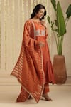 Gulabik Jaipur_Orange Chanderi, Cotton Embroidery, Sequins, Lace Split V-neck Anarkali Set _Online