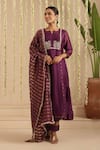 Buy_Gulabik Jaipur_Purple Chanderi, Cotton Embroidery, Beads, Lace Split V-neck Anarkali Set _at_Aza_Fashions