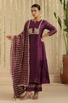 Shop_Gulabik Jaipur_Purple Chanderi, Cotton Embroidery, Beads, Lace Split V-neck Anarkali Set _Online_at_Aza_Fashions