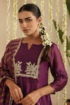 Gulabik Jaipur_Purple Chanderi, Cotton Embroidery, Beads, Lace Split V-neck Anarkali Set _at_Aza_Fashions